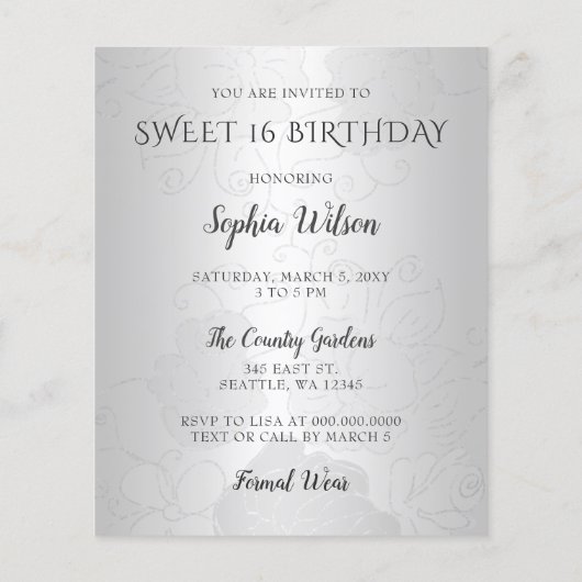 Budget Silver Paarse Dress Sweet 16 uitnodiging (Achterkant)