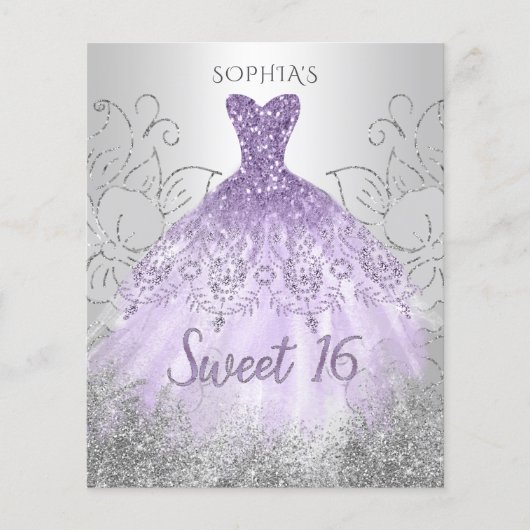 Budget Silver Paarse Dress Sweet 16 uitnodiging (Voorkant)