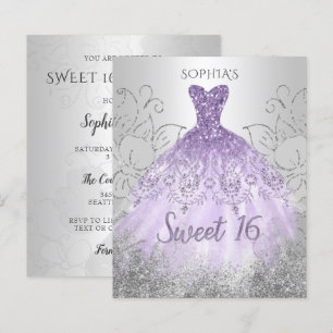 Budget Silver Paarse Dress Sweet 16 uitnodiging