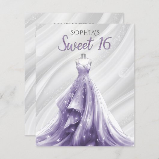 Budget Silver Paarse Dress Sweet 16 uitnodiging (Voorkant / Achterkant)
