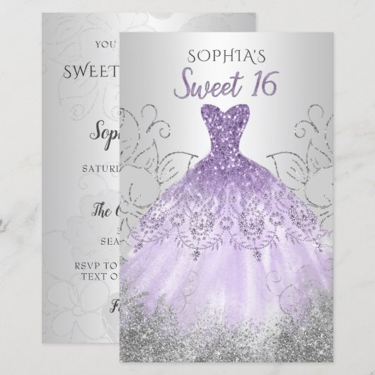Budget Silver Paarse Dress Sweet 16 uitnodiging (Voorkant / Achterkant)