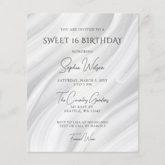 Budget Silver Paarse jurk Sweet 16 Uitnodiging (Achterkant)