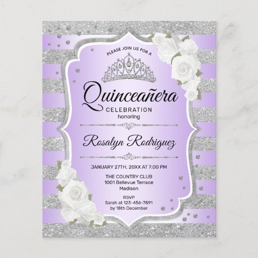 Budget Silver Paarse Quinceanera Uitnodiging Flyer (Voorkant)