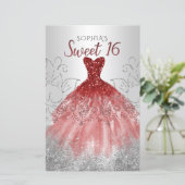 Budget Silver Red Dress Sweet 16 Uitnodiging (Staand voorkant)