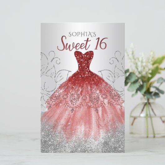Budget Silver Red Dress Sweet 16 Uitnodiging (Staand voorkant)