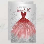 Budget Silver Red Dress Sweet 16 Uitnodiging (Voorkant / Achterkant)