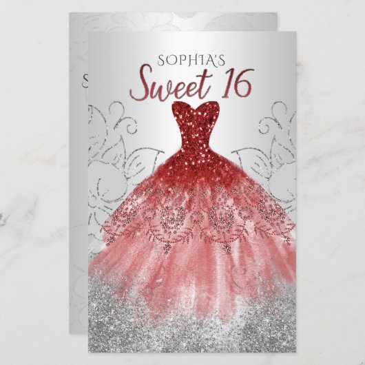 Budget Silver Red Dress Sweet 16 Uitnodiging (Voorkant / Achterkant)