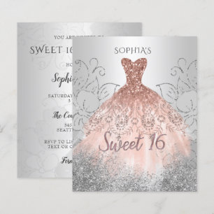 Budget Silver Roos Gold Dress Sweet 16 Uitnodiging