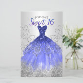 Budget Silver Royal Blue Dress Sweet 16 Uitnodigin (Staand voorkant)