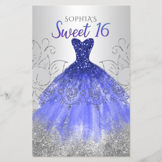 Budget Silver Royal Blue Dress Sweet 16 Uitnodigin (Voorkant)