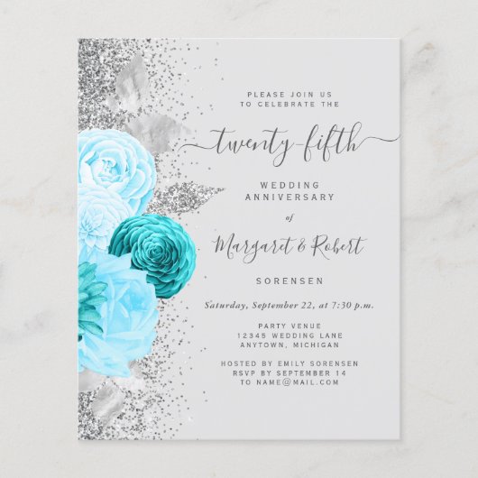 Budget Silver Teal Floral 25th Anniversary Party (Voorkant)