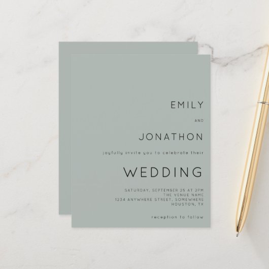 Budget Silvery Sage Green Wedding Uitnodiging (Voorkant / Achterkant in situ)