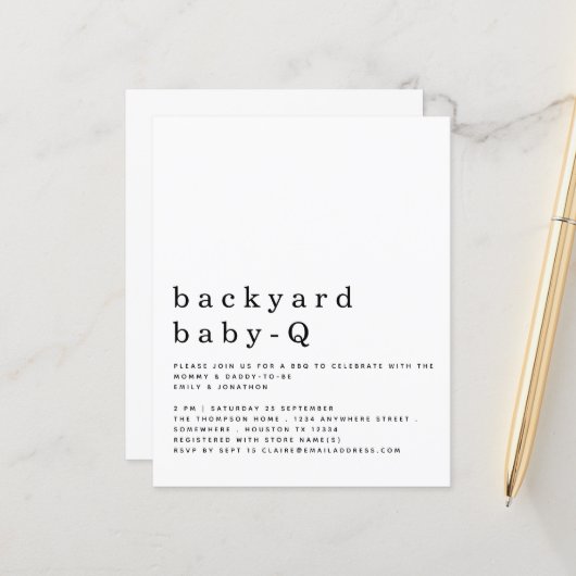 Budget Simple Backyard Baby Q BBQ Shower Invite (Voorkant / Achterkant in situ)