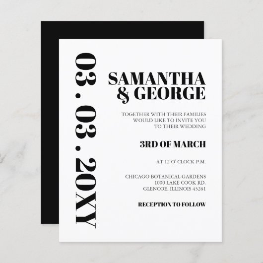 Budget Simple Black and White Wedding Invitation (Voorkant / Achterkant)