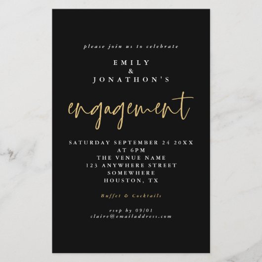 Budget Simple Black Gold Script Verloving Uitnodig (Voorkant)