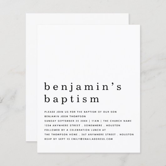 Budget Simple Black White Baptism Invitation (Voorkant / Achterkant)