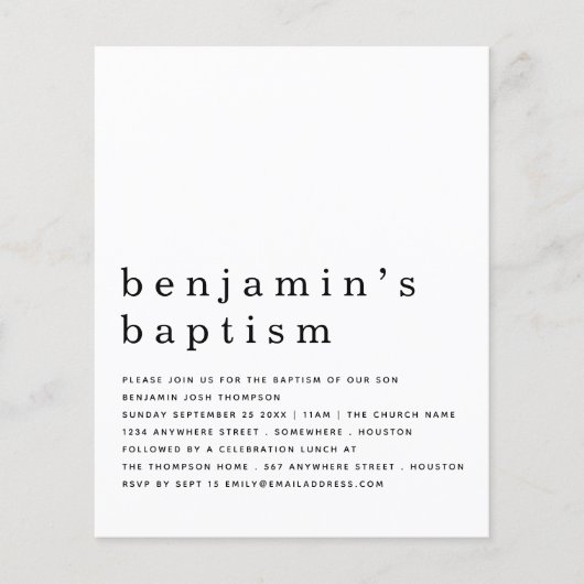 Budget Simple Black White Baptism Invitation (Voorkant)