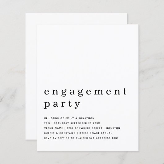 Budget Simple Black White Engagement Party uitnodi (Voorkant / Achterkant)