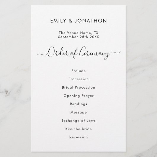 Budget Simple Black White Script Weddenprogramma (Voorkant)