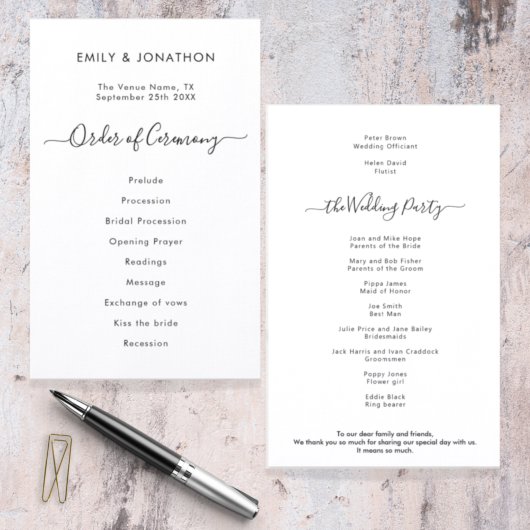 Budget Simple Black White Script Weddenprogramma