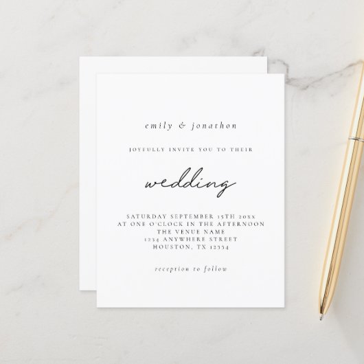 Budget Simple Black White Script Wedding Invite (Voorkant / Achterkant in situ)
