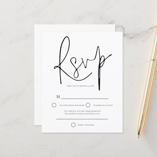 Budget Simple Black White Wedding RSVP (Voorkant / Achterkant in situ)