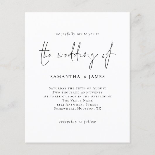 Budget Simple Black White Weduwen Uitnodiging (Voorkant)