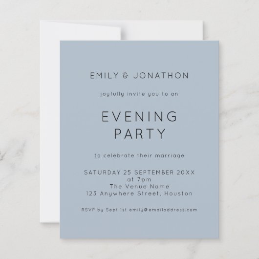 Budget Simple Blue Wedding Evening Party Uitnodige (Voorkant)