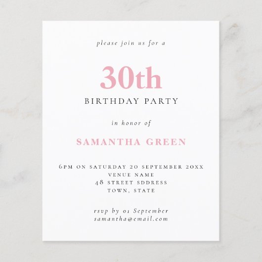 Budget Simple Blush Pink 30th Birthday Invitation (Voorkant)