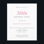 Budget Simple Blush Pink 30th Birthday Invitation<br><div class="desc">Begroting Eenvoudige tekst Blush 30th Birthday uitnodiging. Een waarde voor geld kleiner 4.5 x 5.6 duim alternatief bleef aan de semi-verliesoptie in gebreke die voor uitnodigingen wordt geadviseerd en is een gelijkaardige dikte aan een briefkaart. De verzadigingsoptie is veel dunner papier. De doopvontkleur en het type kunnen via uitgeven menu...</div>