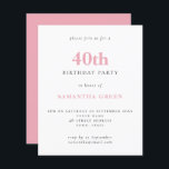 Budget Simple Blush Pink 40th Birthday Invitation<br><div class="desc">Begroting Eenvoudige tekst Blush roze uitnodiging van 40th Birthday. Een waarde voor geld kleiner 4.5 x 5.6 duim alternatief bleef aan de semi-verliesoptie in gebreke die voor uitnodigingen wordt geadviseerd en is een gelijkaardige dikte aan een briefkaart. De verzadigingsoptie is veel dunner papier. De doopvontkleur en het type kunnen via...</div>
