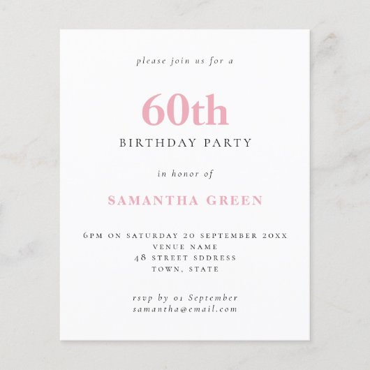 Budget Simple Blush Pink 60th Birthday Invitation (Voorkant)