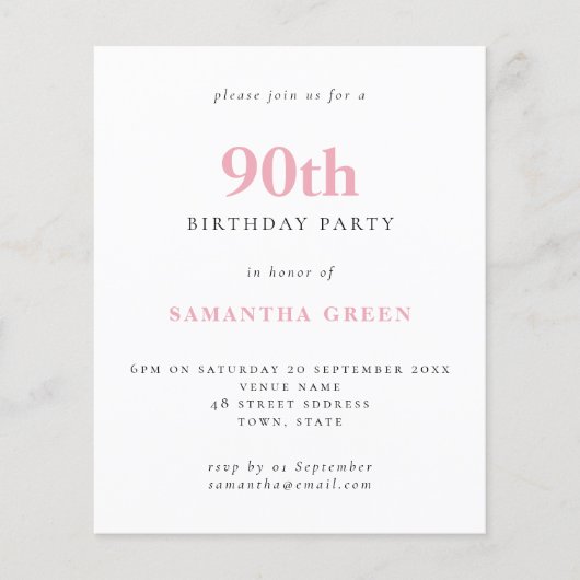 Budget Simple Blush Pink 90th Birthday Invitation (Voorkant)