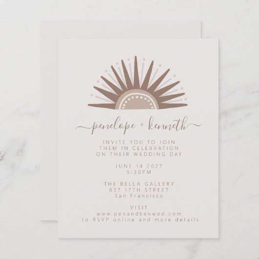 Budget Simple Boho Sun Taupe Wedding Invite (Voorkant / Achterkant)