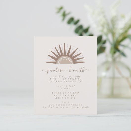 Budget Simple Boho Sun Taupe Wedding Invite (Staand voorkant)