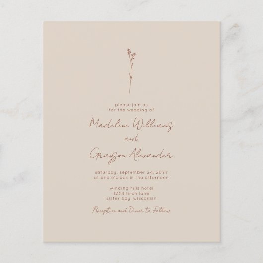 BUDGET Simple Botanical Line Art Weddenschap Invit (Voorkant)