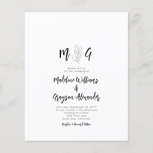 Budget Simple Botanical Script Monogram Weddenscha (Voorkant)