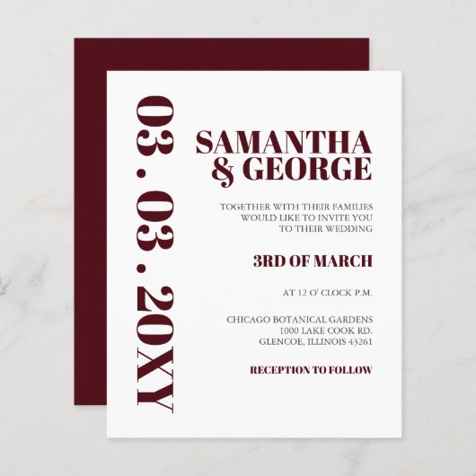 Budget Simple Burgundy Moderne Wedding Invitation (Voorkant / Achterkant)