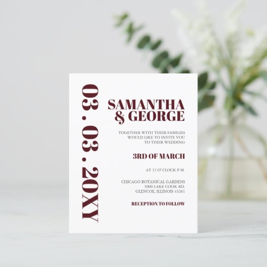 Budget Simple Burgundy Moderne Wedding Invitation (Staand voorkant)