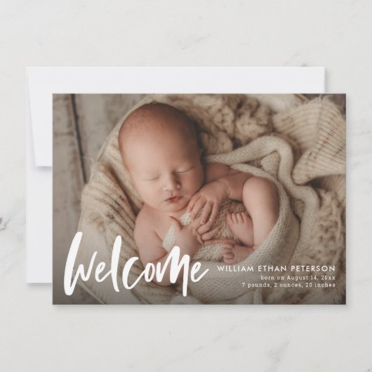 Budget Simple Calligraphy Baby Three Photo Birth Aankondiging (Voorkant)