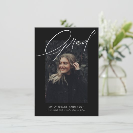 Budget Simple Calligraphy Three Photo Afstuderen Aankondiging (Staand voorkant)