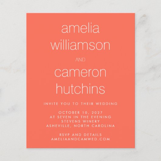 Budget Simple Chic Oranje Coral Wedding Invite (Voorkant)