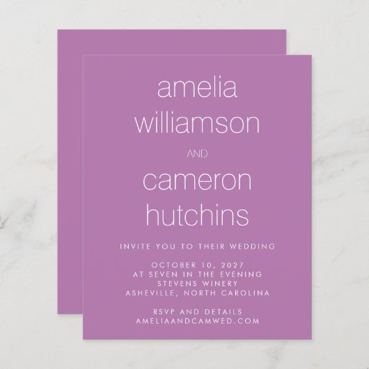 Budget Simple Chic Paars Wedding Invite (Voorkant / Achterkant)