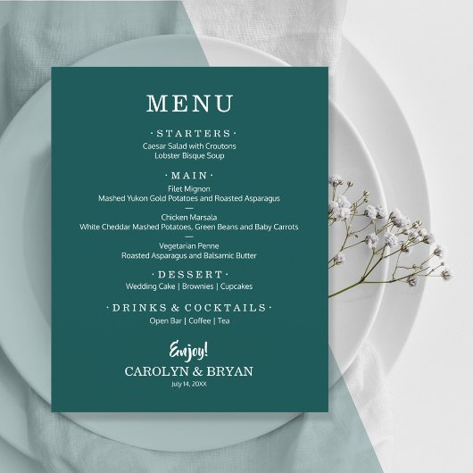 Budget Simple Dark Blauwgroen Weddenschap Menu