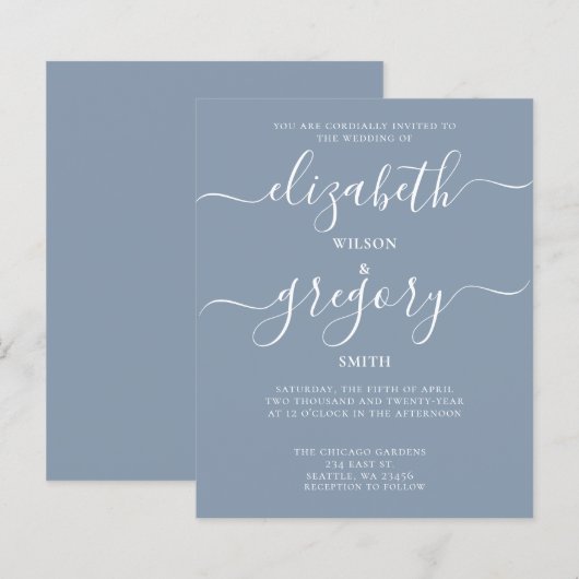 Budget Simple Dusty Blue Modern Wedding Invitation (Voorkant / Achterkant)