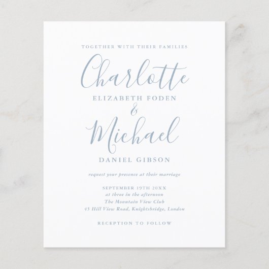 Budget Simple Dusty Blue Script Weddenschap Invita (Voorkant)