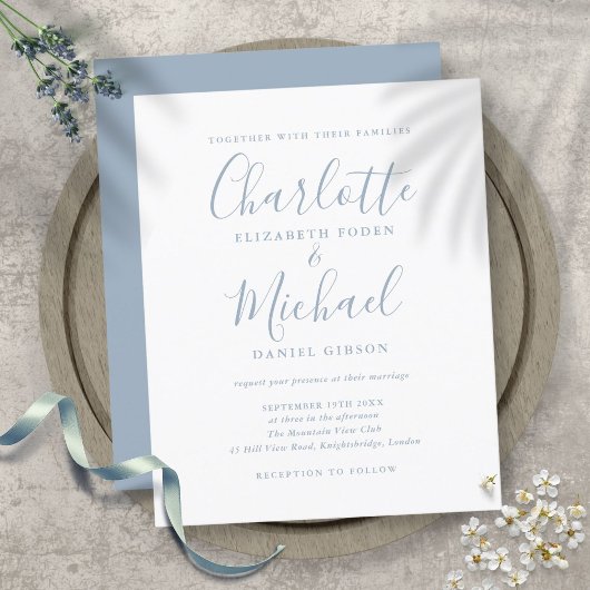 Budget Simple Dusty Blue Script Weddenschap Invita