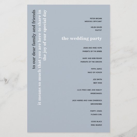 BUDGET Simple Dusty Blue Text Weddenprogramma (Achterkant)