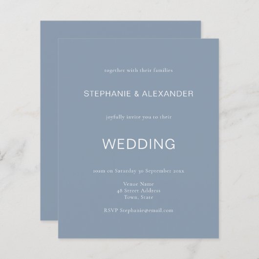 Budget Simple Dusty Blue Wedding Invitation (Voorkant / Achterkant)