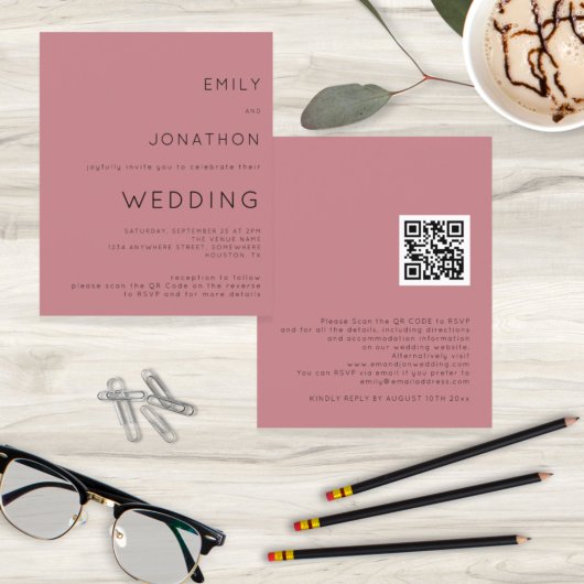 Budget Simple Dusty Roos QR Code Wedding Uitnodige